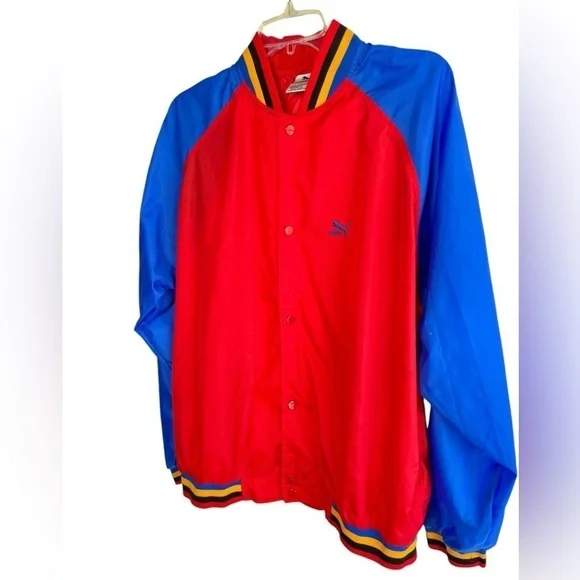 Vintage Puma Mens Large Wind Breaker Track Jacket Snap Button Red Blue Black - Picture 7 of 15